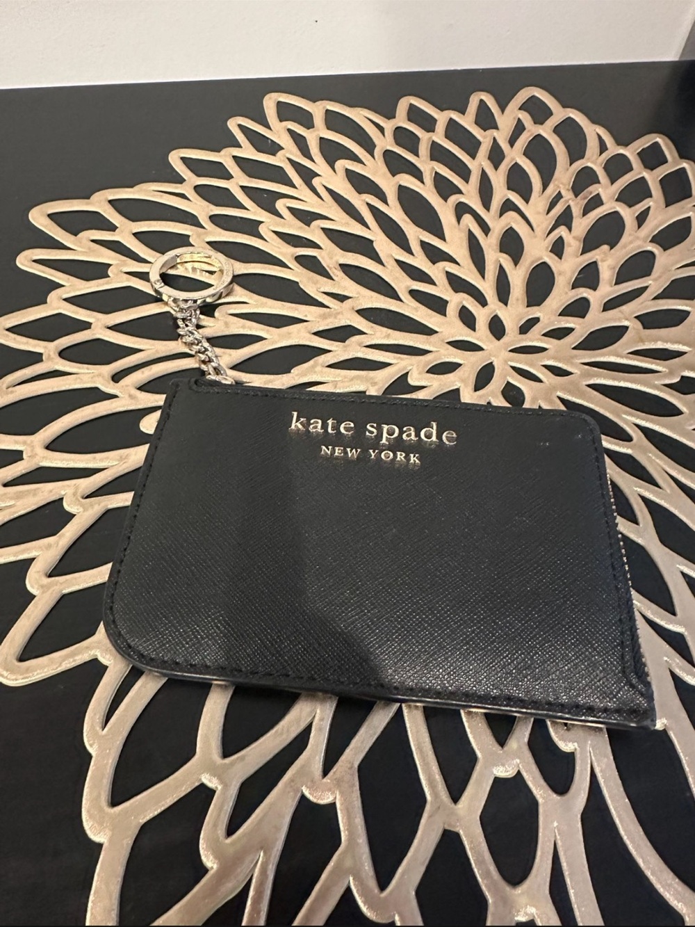 kate spade Black Leather Zip Card Pouch Keychain with Gold Logo